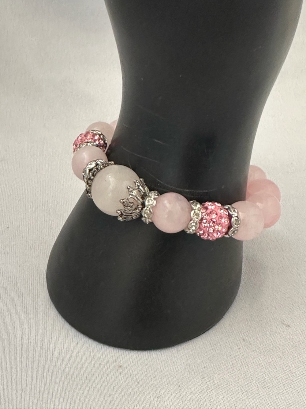 Rose Quartz Bead Stretch Bracelet with Silver Accents